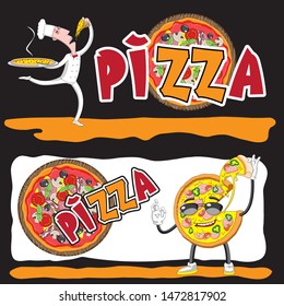 Cook pizza. Smiling Italian chef with a pizza in hand. Vector template with cartoon character. eps 10
