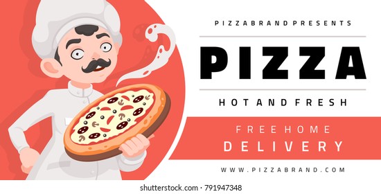 Cook pizza. Smiling Italian chef with a pizza in hand. Vector template with cartoon character.