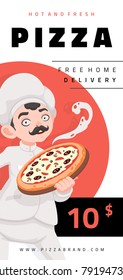 Cook pizza. Smiling Italian chef with a pizza in hand. Vector template with cartoon character.