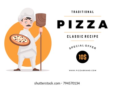 Cook pizza. Smiling Italian chef with a pizza in hand. Vector template with cartoon character.
