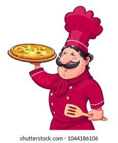 Cook with pizza. Traditional italian food. Cartoon character. Ocupation. Isolated white background. Vector illustration.