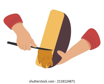 Cook Pouring Melted Cheese. Melted Cheese Oozing Off. Hands Of A Person Melting The Cheese With A Knife. Food Preparing. Vector.