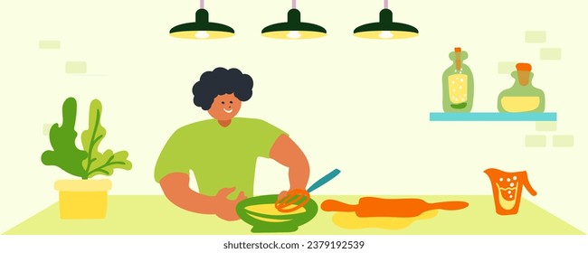 El cocinero prepara el relleno para la masa. Preparando postres y pasteles. Cocina, interior verde. Hombre, cocinero, especias, platos, dulces, salsa. Concepto de alimentación saludable. Ilustración vectorial.