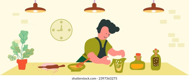 The cook prepares the filling for the dough. Preparing desserts and pastries. Kitchen, green interior. Healthy eating concept. Vector illustration.