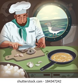 Cook prepares fish in the galley. Cook. Vector illustration