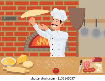 The cook prepares pizza by spinning the dough.On the table are ingredients for pizza: sausage, cheese, tomatoes, mushrooms, cheese. Flat vector illustration.