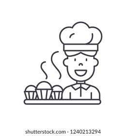 Cook preparing desserts line icon concept. Cook preparing desserts vector linear illustration, symbol, sign