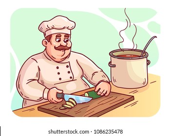 The cook is preparing a dish. Cartoon style in color.