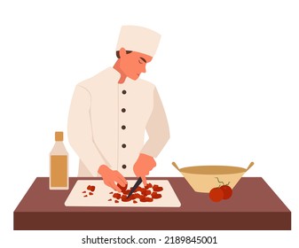 Cocine preparando el plato en la cocina. El hombre se para con cuchillo y tabla de cortar. Chef cortando verduras. Ilustración vectorial editable