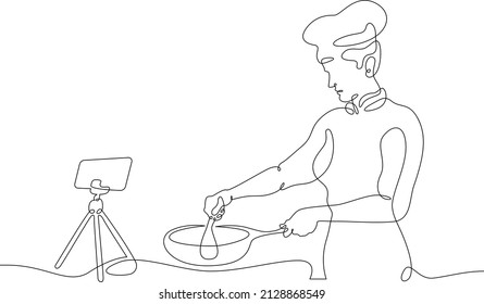 Cook is preparing food in the kitchen.Chef is in uniform.One continuous line.Blogger female character. Internet blogging, online broadcasting.Continuous line drawing.Line Art isolated white background