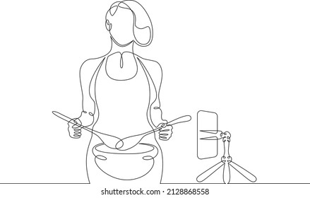 Cook is preparing food in the kitchen.Chef is in uniform.One continuous line.Blogger female character. Internet blogging, online broadcasting.Continuous line drawing.Line Art isolated white background