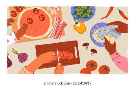 Cook process, above top view. Family hands cooking pizza together, preparing home dish from food ingredients, cheese, tomato, bacon, meat. Homemade eating preparation. Flat vector illustration