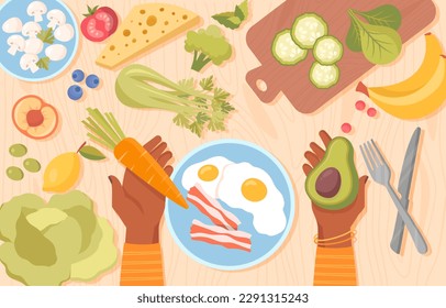 Cook process concept. Woman holds vegetables over plate of scrambled eggs. Young girl prepares delicious and healthy breakfast or lunch top view. Video tutorial. Cartoon flat vector illustration