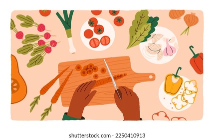 Cook process, top view. Hands cooking from fresh ingredients, healthy vegetables, cutting carrot at board, making salad, vitamin vegetarian eating from tomato, lettuce. Flat vector illustration