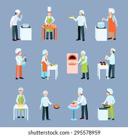 Cook profession icons set with salad pizza and cake making flat isolated vector illustration 