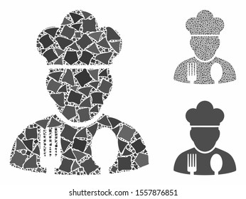 Cook profession mosaic of humpy pieces in variable sizes and color hues, based on cook profession icon. Vector humpy dots are grouped into collage. Cook profession icons collage with dotted pattern.