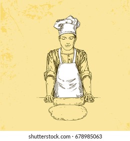 Cook rolls out the dough.Vintage style. Vector illustration.