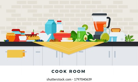 Cook room with healthy breakfast. Vector flat illustrations. Healthy eating concept.
