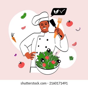 Cook with salad. Young guy in chefs hat with cutlery. Professional for restaurant or cafe. Delicious food, service. Cooking healthy and natural food, delicious dishes. Cartoon flat vector illustration