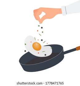 Cook scrambled eggs in a frying pan, sprinkle the dish with seasoning, spices, salt. The hand is seasoning the food. Vector illustration, flat cartoon color design, isolated on white background.