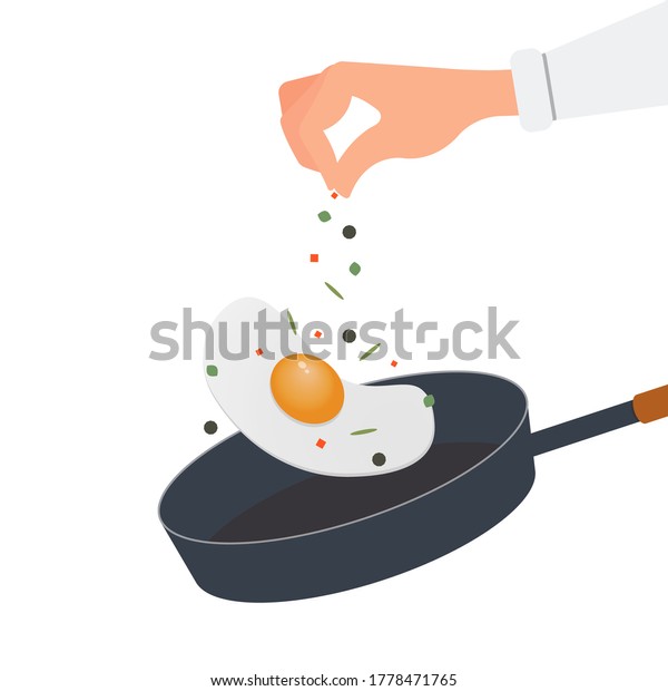 Cook scrambled eggs in a frying pan, sprinkle\
the dish with seasoning, spices, salt. The hand is seasoning the\
food. Vector illustration, flat cartoon color design, isolated on\
white background.