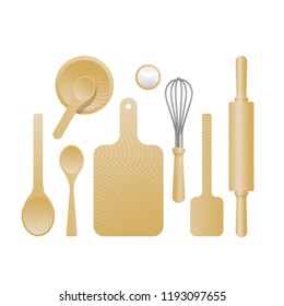 Cook set - collection of wooden textured kitchenware  - spoon, ladle, cutting board, rolling pin. whisk, spatula, salt shaker - vector set of cooking equipment and utensil