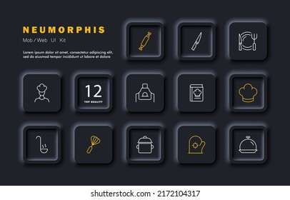 Cook set icon. Rocking chair, chef's hat, knife, fork, plate, mitten, cooking, recipe book, ladle, waiter, food, eating. Dish concept. Neomorphism style. Vector line icon for Business and Advertising