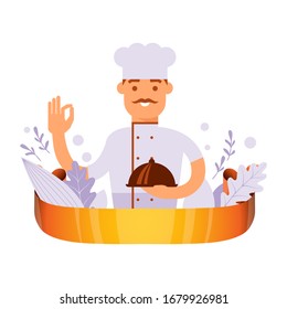 Cook show OK sign, the character man in chief headdress with dish, isolated on white, flat vector illustration. Ingredient for cooking food. Design for poster, website banner.