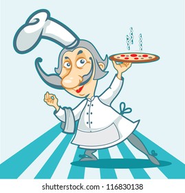 cook showing pizza