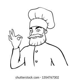 Cook shows OK. Doodle. Cartoon cook - chef showing ok hand sign, isolated on white background