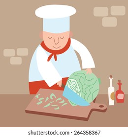 Cook shreds cabbage restaurant kitchen. Cooking salad, vegetarian