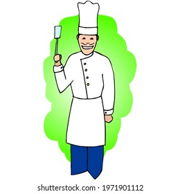 The cook smiles. Cook in a cap. The chef is holding a raised shoulder blade.