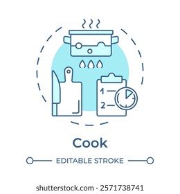 Cook soft blue concept icon. Cooking recipe, cookbook. Boiling pot, cutting board. Round shape line illustration. Abstract idea. Graphic design. Easy to use in infographic, presentation