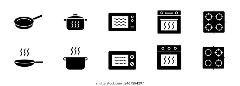 Cook solid icon. Cooktop, oven, pot, pan, microwave vector icon set. Cook, kitchen silhouette icons collection