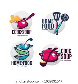 cook soup and home food, vector collection of bowl full of tasty soup for your menu, logo, emblems and symbols