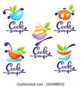 sopa cocinera, colección vectorial de cuenco lleno de sopa sabrosa para su menú, logotipo, emblemas y símbolos