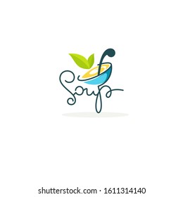 Cook Soup, vector logo template with image of cartoon bowl, spoon silhouette and green leaves