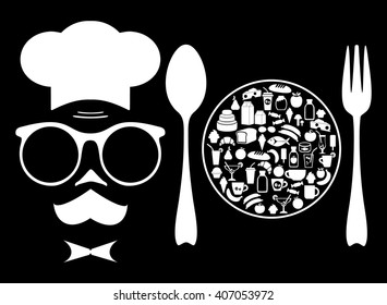 Cook and spoon, fork and plate of food. Vector illustration.