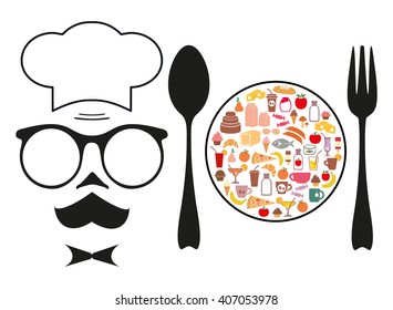 Cook and spoon, fork and plate of food. Vector illustration.