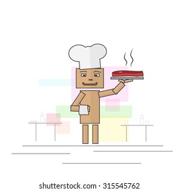 Cook with square shapes carrying a tray table with a plate with a tasty grilled steak. Vector
