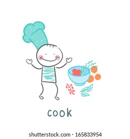 cook standing next to a plate of fruit and vegetables