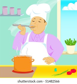 cook stands at the burner and is trying to soup