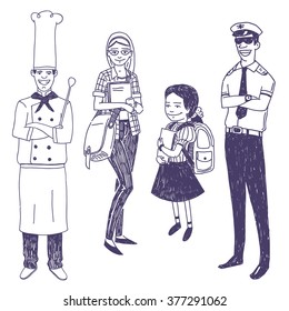 Cook, student, school girl and pilot vector drawings set