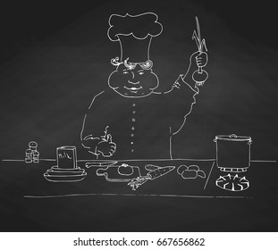 Cook is at the table. Sketch of chefs hand drawn chalk on a chalkboard. Vector illustration