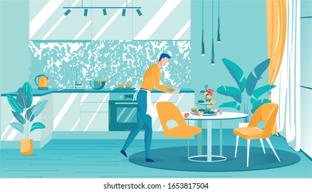 Cook Takes Pictures Finished Order, Vector Banner. Man Take Photo for Social Networks Advertise his Baker Services. He Beautifully Designed Sweets Flow. Modern Kitchen Equipped with everything Need.