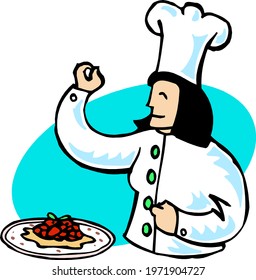 The cook tastes the food. The cook is salting the pizza.