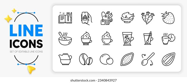 Cook, Tea mug and Coffee cup line icons set for app include Food app, Coffee break, Strawberry outline thin icon. Recipe book, Milk jug, Seafood pictogram icon. Cappuccino cream, Carrots. Vector