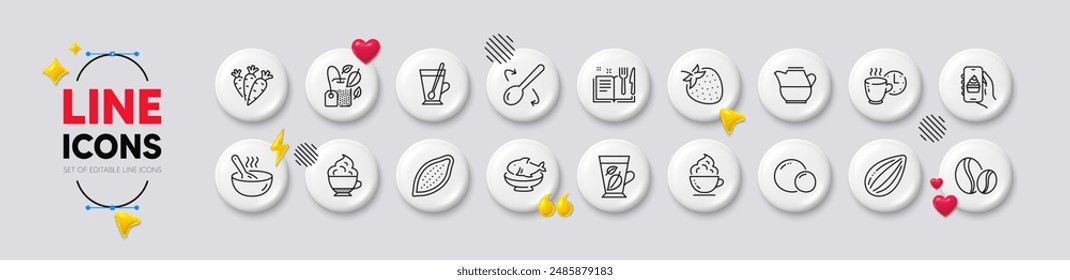 Cook, Tea mug and Coffee cup line icons. White buttons 3d icons. Pack of Food app, Coffee break, Strawberry icon. Recipe book, Milk jug, Seafood pictogram. Cappuccino cream, Carrots, Mint bag. Vector