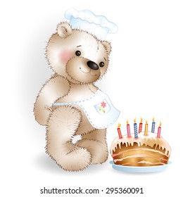 Cook Teddy bear with cake on white background