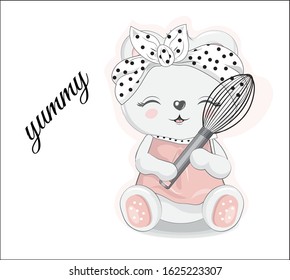 cook Teddy bear with Shake. yummy. Picture in hand drawing cartoon style, for t-shirt wear fashion print design, greeting card, postcard. baby shower. party invitation.
